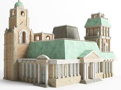 Historic Ancient Architecture With Green Roof Towers Arched Windows And Columns 3d model