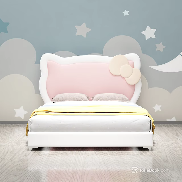 Cute Kids Bed with Pink Cartoon Headboard and Bow Decorations on Star Cloud Wall 3d model 