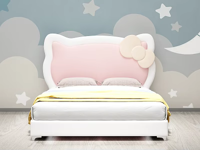 Cute Kids Bed with Pink Cartoon Headboard and Bow Decorations on Star Cloud Wall 3d model