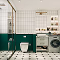 Modern Bathroom Interior With White Tiles Green Walls Toilet Shower Open Shelves And Washing Machine