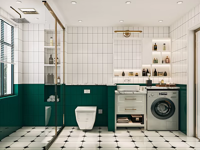Modern Bathroom Interior With White Tiles Green Walls Toilet Shower Open Shelves And Washing Machine 3d model