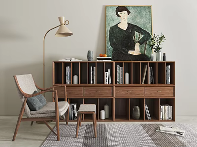 Wooden Bookshelf with Books and Decorations in Living Room with Chair Lamp and Painting 3d model