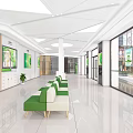 Modern Public Service Hall Interior With Green White Seats Display Screens And Large Windows