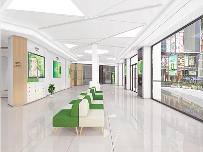 Modern Public Service Hall Interior With Green White Seats Display Screens And Large Windows 3d model