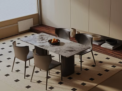 Modern Dining Table Set With Marble Top Gray Chairs And Black White Diamond Pattern Rug 3d model