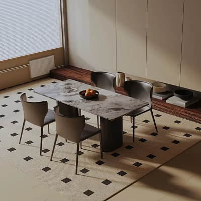 Modern Dining Table Set With Marble Top Gray Chairs And Black White Diamond Pattern Rug 3d model