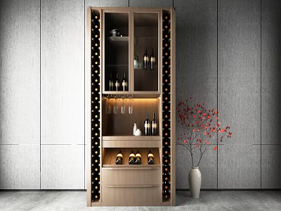 Modern Wooden Wine Cabinet Featuring Glass Doors Wine Bottles And Red Flower Vase 3d model