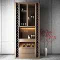 Modern Wooden Wine Cabinet Featuring Glass Doors Wine Bottles And Red Flower Vase