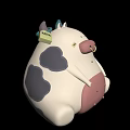 Cute Cartoon Reptile With White Body Black Spots Pink Belly Green Horns Sitting On Gray Surface