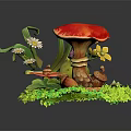 Vibrant Plant Display With Red Mushroom White Daisies Green Leaves Acorns Clover And Grassy Base