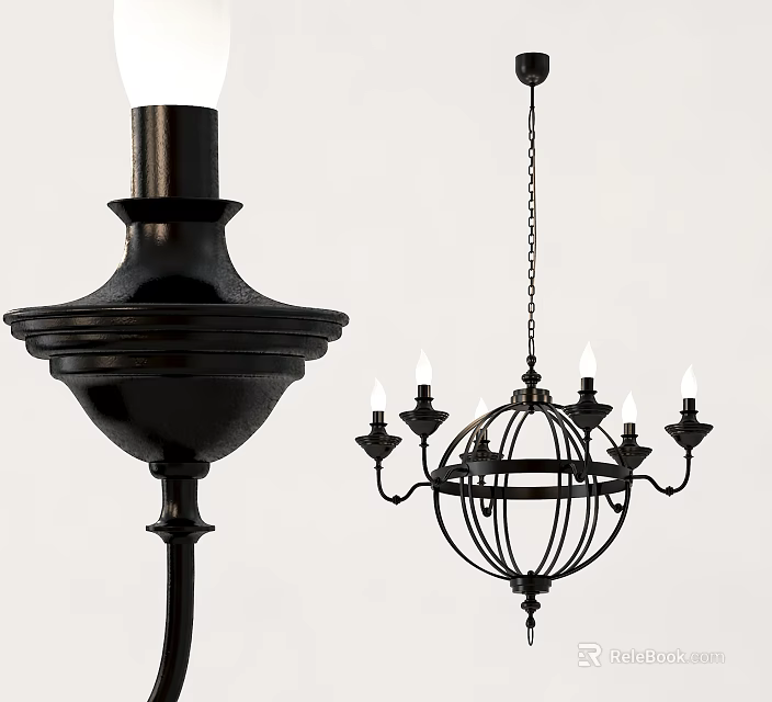 Vintage Black Metal Chandelier With Chain And Candle Style Design 3d model 