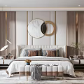 Modern Elegant Bedroom Interior With Upholstered Headboard Decorative Mirrors Wooden Wall Panels And Nightstands