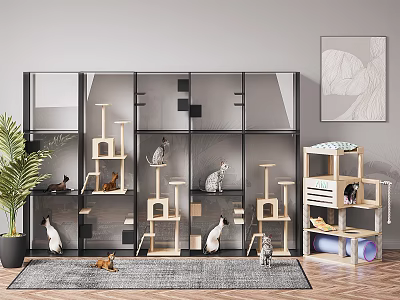 Stylish Pet Living Supplies With Cat Trees Transparent Glass Cabinet And Cats On Soft Rug 3d model
