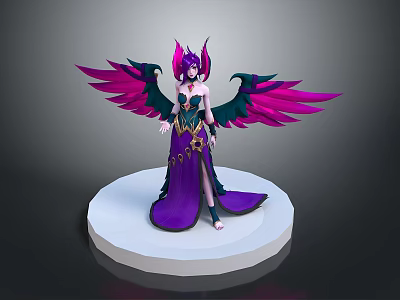Mythical Woman With Purple Long Dress And Pink Green Wings Standing On White Circular Platform 3d model