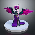 Mythical Woman With Purple Long Dress And Pink Green Wings Standing On White Circular Platform