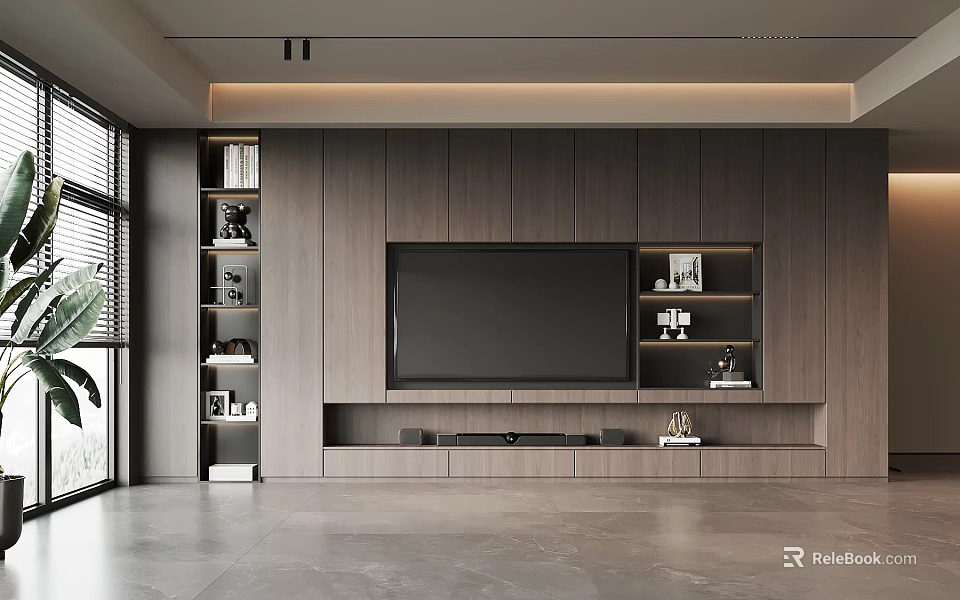 Modern Living Room With Wooden TV Wall Bookshelves And Large Windows 3d model 