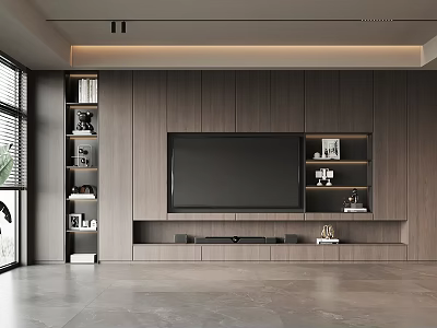 Modern Living Room With Wooden TV Wall Bookshelves And Large Windows 3d model