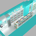Supermarket Store Interior with Aisles of Shelves Filled with Diverse Products and Blue Decor