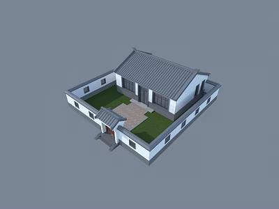 Chinese Style Detached Villa With Gray Roof White Walls And Courtyard Lawn Stone Path 3d model