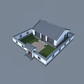 Chinese Style Detached Villa With Gray Roof White Walls And Courtyard Lawn Stone Path