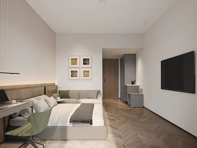 Modern Minimalist Apartment Interior With Bed Sofa Wooden Floor Wall Paintings TV And Desk 3d model