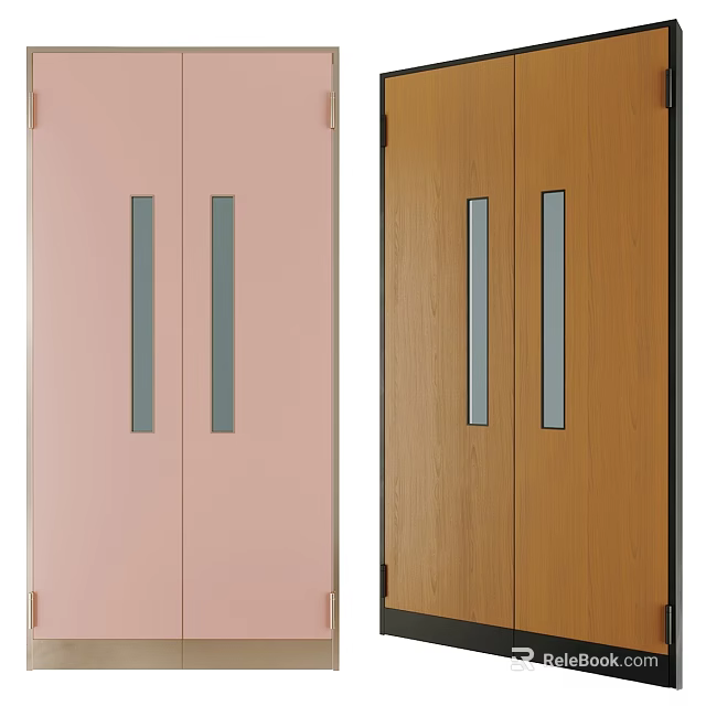 Pink and Brown Swing Doors with Vertical Glass Panels for Home Decoration 3d model 