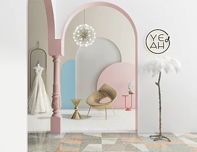 Floor Lamp In Stylish Room With Pink Archway Woven Chair And Colorful Tiles 3d model