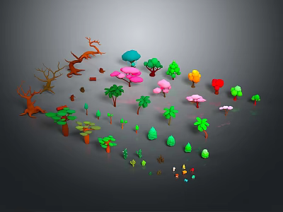 Various Colorful Trees and Plants with Different Shapes in 3D Illustration Style 3d model