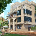 Detached Villa Beige Exterior Design With Large Windows Balconies Greenery Lawn And Outdoor Seating