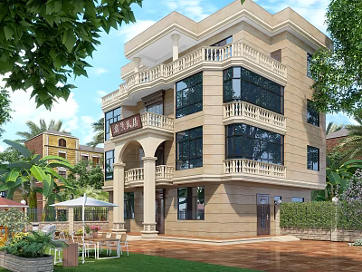 Detached Villa Beige Exterior Design With Large Windows Balconies Greenery Lawn And Outdoor Seating 3d model