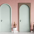 Arched Light Green Hinged Doors With Wooden Frames In Pink Interior And Speckled Floor