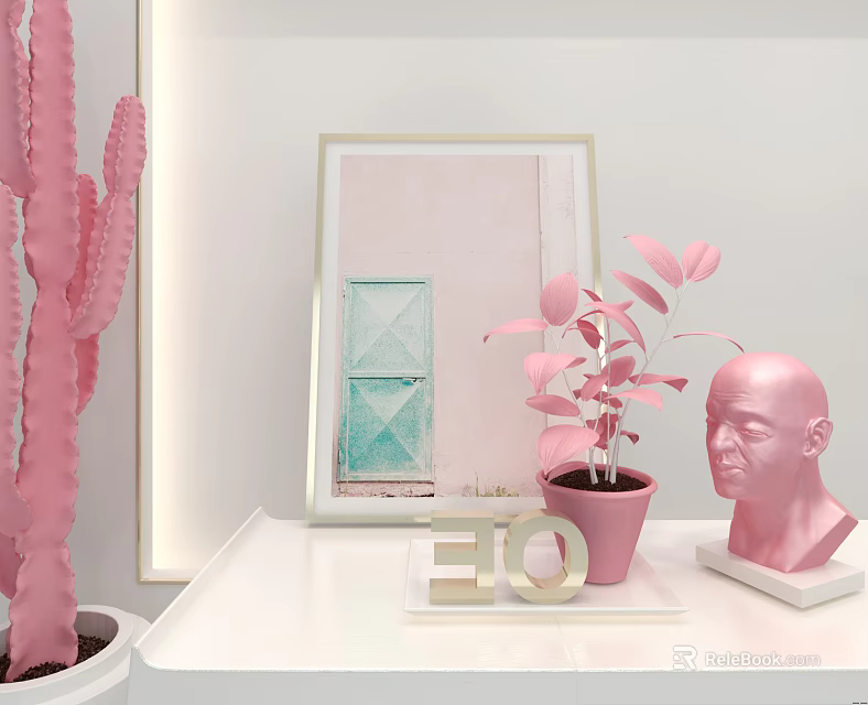 Decorative Ornament Set with Pink Cactus Potted Plant Sculpture Head Gold Letter and Framed Painting 3d model 