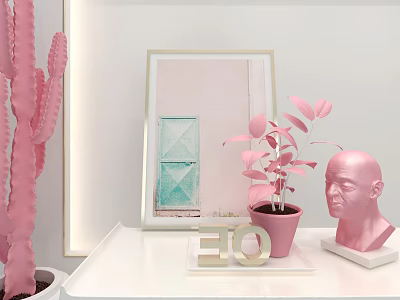 Decorative Ornament Set with Pink Cactus Potted Plant Sculpture Head Gold Letter and Framed Painting 3d model