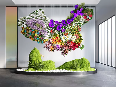 Art Installation With Colorful Flowers Green Sculptural Elements And White Pebbles In Modern Space 3d model