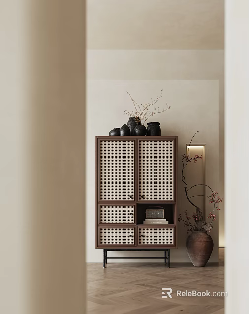 Decorative Cabinet with Woven Doors and Black Vases Top with Floor Lamp in Neutral Interior 3d model 