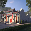Ancient Chinese Architectural Gate with Traditional Roof Red Door Stone Lions and Trees