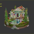 3D House Model With Red Roof White Walls Green Trees Garden Pool And Stones