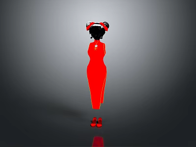 Elegant Red Dress for Women with Matching Hair Accessories and Shoes 3d model