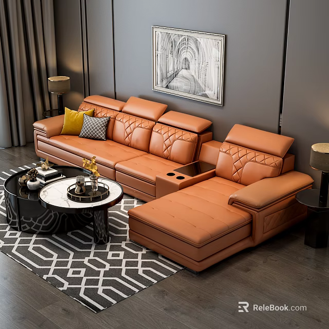 Orange Leather Multi Seater Sectional Sofa With Coffee Table And Modern Decor 3d model