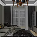 Open Design Dining and Living Room With White Cabinets Round Table Black Chairs and Chandelier