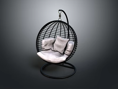 Black Rattan Spherical Hanging Chair With White Cushions And Circular Base 3d model