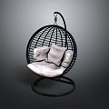 Black Rattan Spherical Hanging Chair With White Cushions And Circular Base