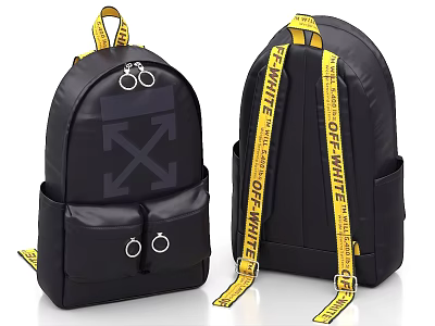 Black Backpacks With Yellow Straps OFF WHITE Branding And Gray Cross Arrow Design 3d model