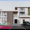 Modern Two Story Detached Villa Exterior With Large Windows Wooden Accents Landscaping And Parked Cars