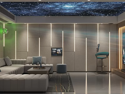 Modern Home Theater Interior Design With Starry Sky Ceiling Sofa TV Lighting And Bar Stool 3d model