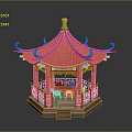 Traditional Chinese Hexagonal Pavilion With Red Roof Golden Ornament And Red Columns