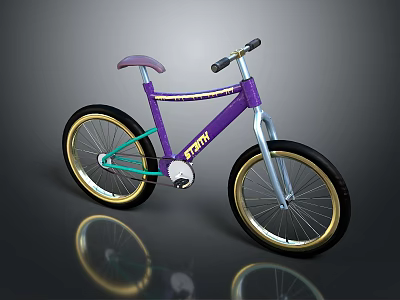 Purple Stunt Bicycle With Purple Frame Seat Black Handlebars Gold Rims And Green Accents 3d model