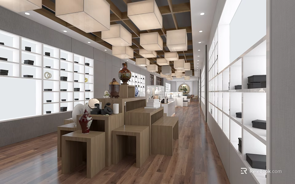 Modern Display Space Interior with White Shelves Wooden Tables and Square Pendant Lights 3d model 