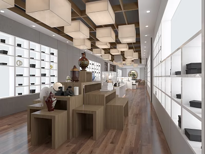 Modern Display Space Interior with White Shelves Wooden Tables and Square Pendant Lights 3d model