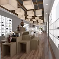 Modern Display Space Interior with White Shelves Wooden Tables and Square Pendant Lights